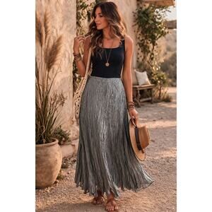 Metallic Silver Pleated Maxi Skirt Boho Festival Flowy High Waist SZPS